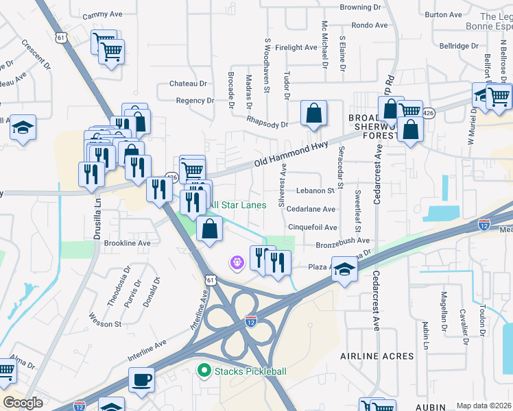 map of restaurants, bars, coffee shops, grocery stores, and more near 10133 Hyde Park Ct in Baton Rouge