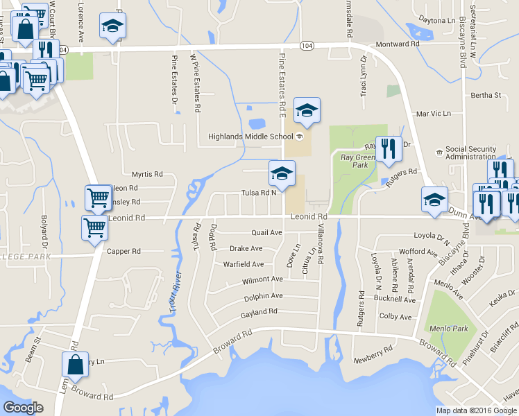 map of restaurants, bars, coffee shops, grocery stores, and more near 10726 Gina Drive in Jacksonville