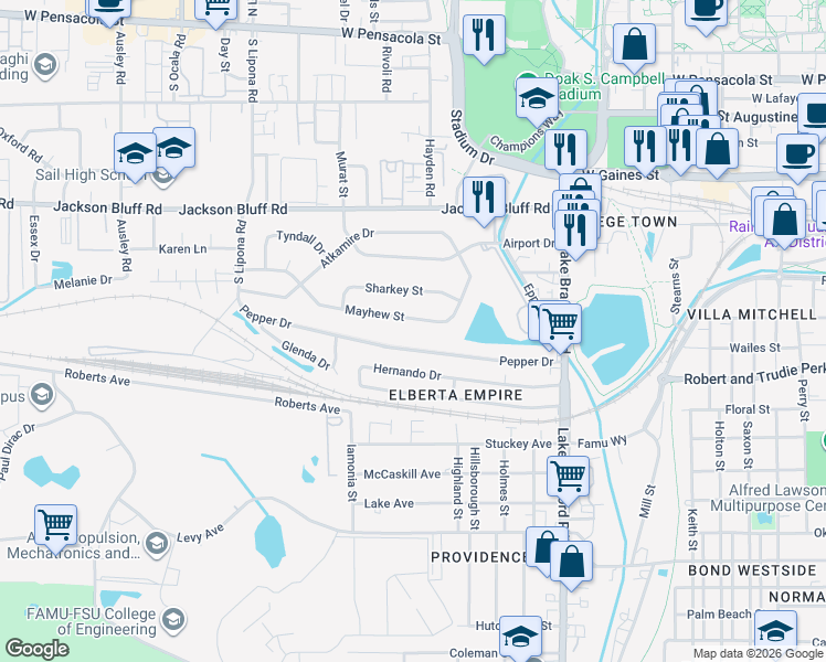 map of restaurants, bars, coffee shops, grocery stores, and more near 1609 Mayhew Street in Tallahassee
