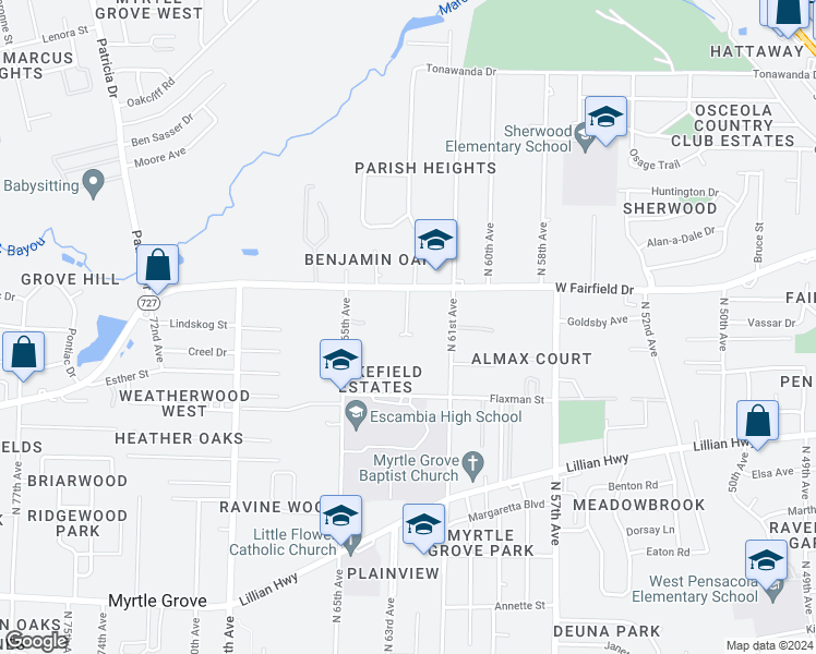 map of restaurants, bars, coffee shops, grocery stores, and more near 1503 North 62nd Avenue in Pensacola