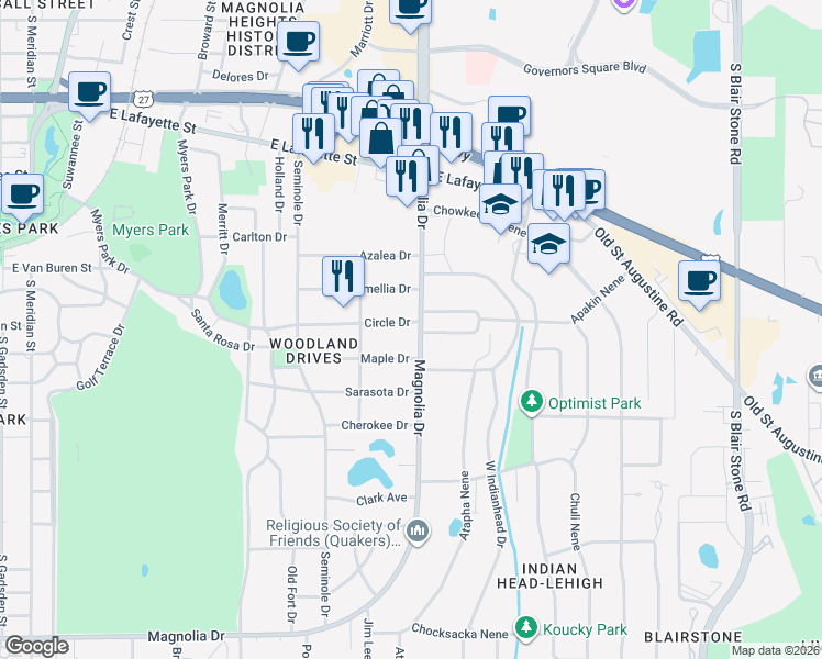 map of restaurants, bars, coffee shops, grocery stores, and more near 1235 Circle Drive in Tallahassee