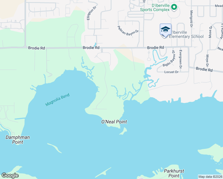 map of restaurants, bars, coffee shops, grocery stores, and more near 1571 Brodie Road in Biloxi