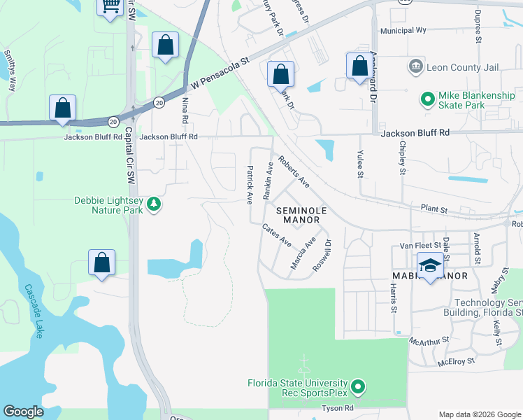 map of restaurants, bars, coffee shops, grocery stores, and more near 1558 Rankin Avenue in Tallahassee