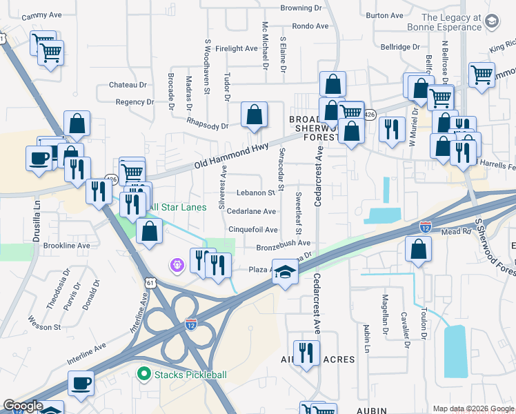 map of restaurants, bars, coffee shops, grocery stores, and more near 10465 Cedarlane Avenue in Baton Rouge