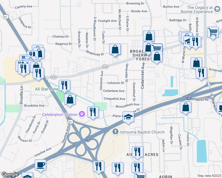 map of restaurants, bars, coffee shops, grocery stores, and more near 10355 Cedarlane Avenue in Baton Rouge
