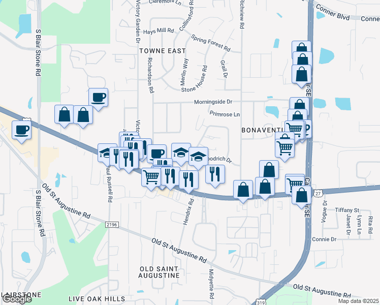 map of restaurants, bars, coffee shops, grocery stores, and more near 1294 Cross Creek Circle in Tallahassee