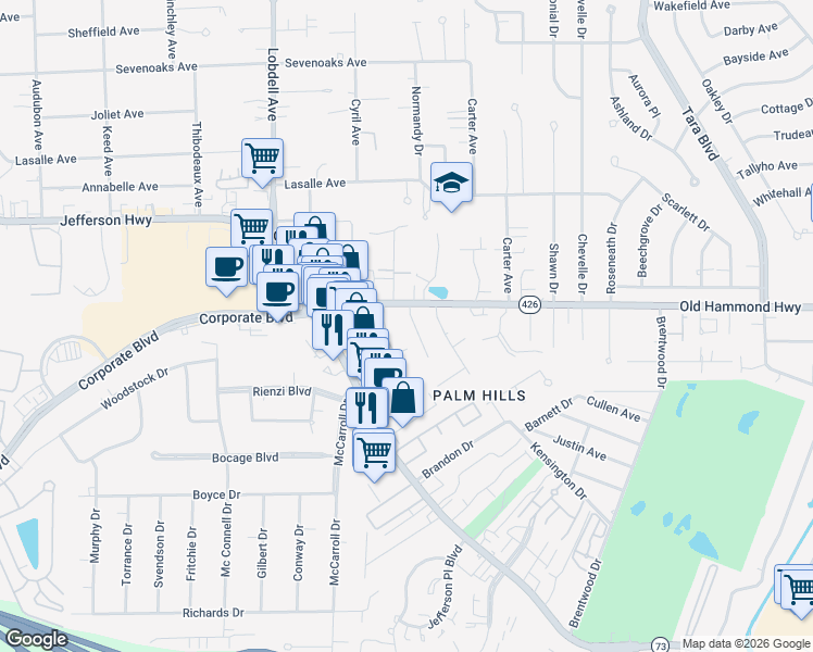 map of restaurants, bars, coffee shops, grocery stores, and more near 2120 Rue Bienvenue in Baton Rouge
