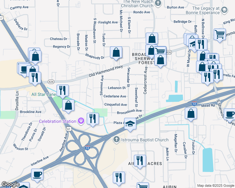 map of restaurants, bars, coffee shops, grocery stores, and more near 10435 Cedarlane Avenue in Baton Rouge