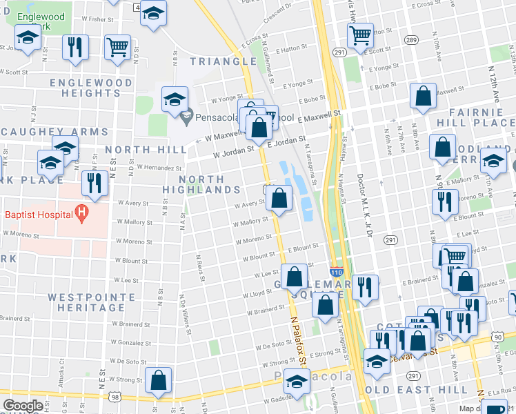 map of restaurants, bars, coffee shops, grocery stores, and more near 35 West Avery Street in Pensacola