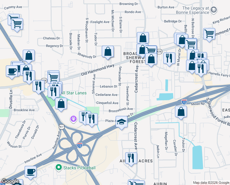 map of restaurants, bars, coffee shops, grocery stores, and more near 10465 Cedarlane Avenue in Baton Rouge