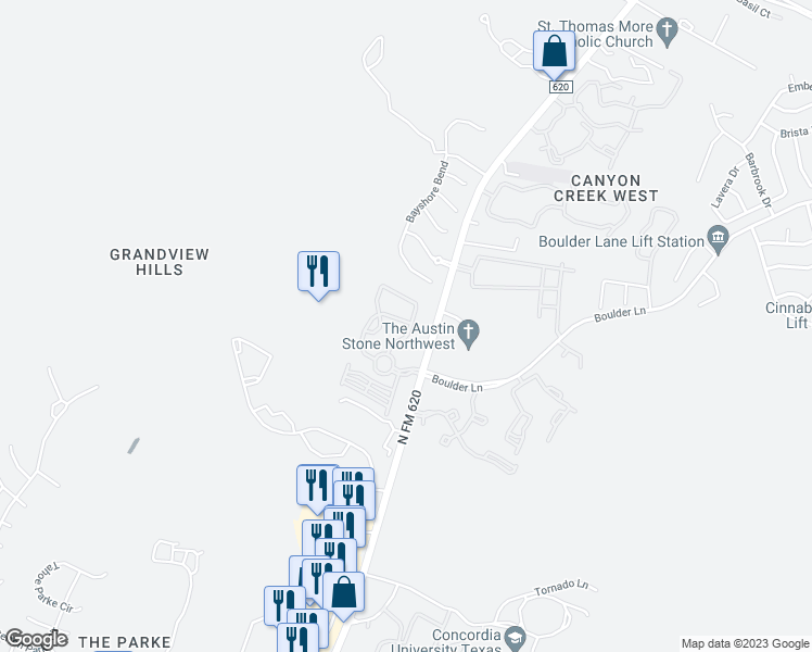 map of restaurants, bars, coffee shops, grocery stores, and more near 8904 Villa Norte Drive in Austin