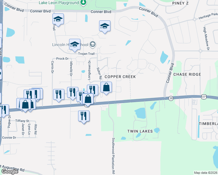 map of restaurants, bars, coffee shops, grocery stores, and more near 1103 Rockbrook Court in Tallahassee