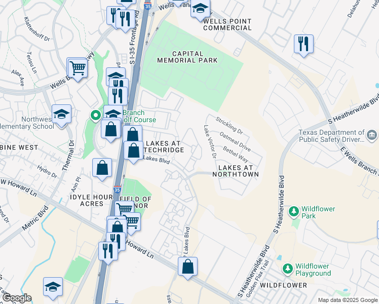 map of restaurants, bars, coffee shops, grocery stores, and more near 14213 The Lakes Boulevard in Pflugerville