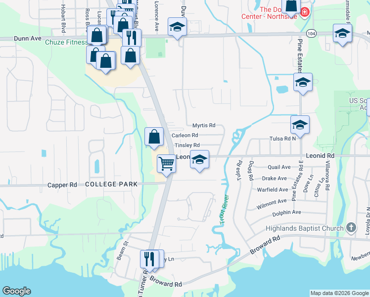map of restaurants, bars, coffee shops, grocery stores, and more near 2938 Tinsley Road in Jacksonville