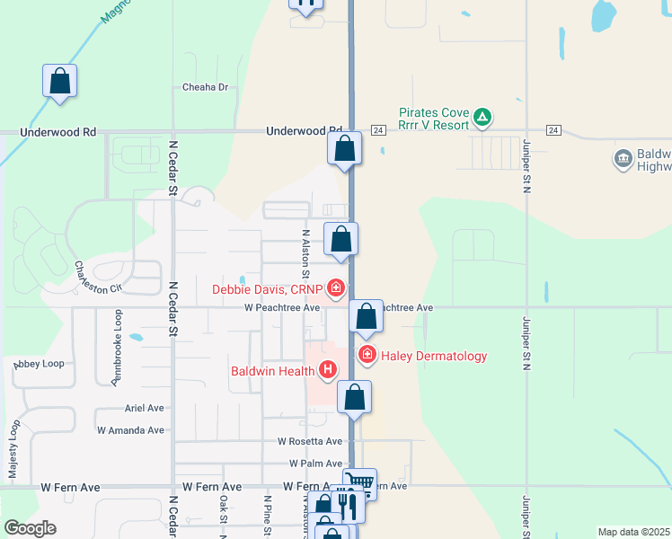 map of restaurants, bars, coffee shops, grocery stores, and more near 107 West Walnut Avenue in Foley