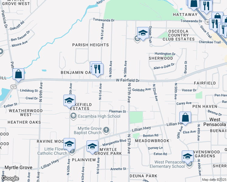map of restaurants, bars, coffee shops, grocery stores, and more near 5821 West Fairfield Drive in Pensacola