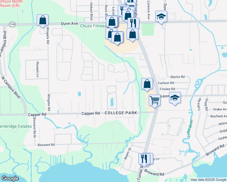 map of restaurants, bars, coffee shops, grocery stores, and more near 10715 Meadowlea Drive in Jacksonville
