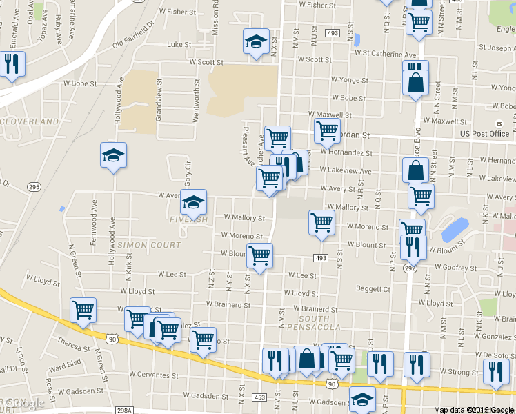 map of restaurants, bars, coffee shops, grocery stores, and more near 1706 North X Street in Pensacola