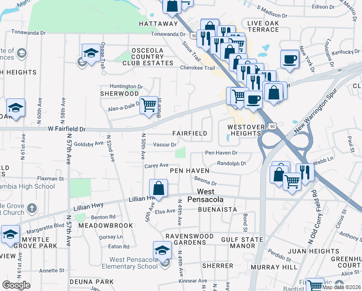 map of restaurants, bars, coffee shops, grocery stores, and more near 115 Vassar Drive in Pensacola