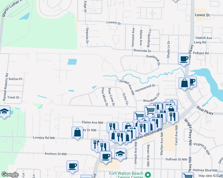 map of restaurants, bars, coffee shops, grocery stores, and more near 216 Pine Cone Drive in Fort Walton Beach