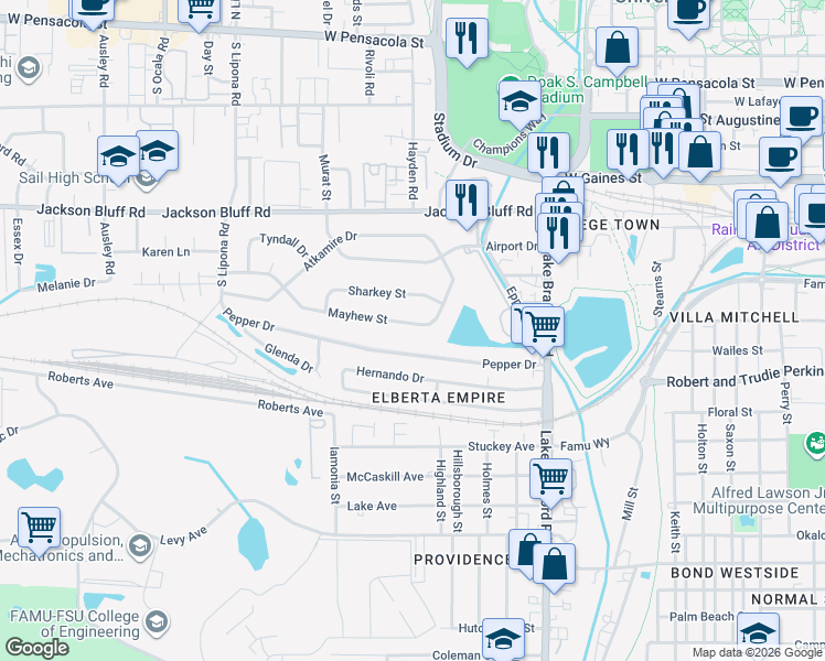 map of restaurants, bars, coffee shops, grocery stores, and more near 1609 Mayhew Street in Tallahassee
