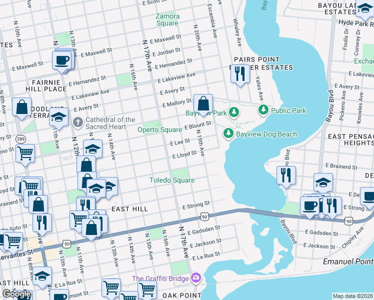 map of restaurants, bars, coffee shops, grocery stores, and more near 1305 North 18th Avenue in Pensacola