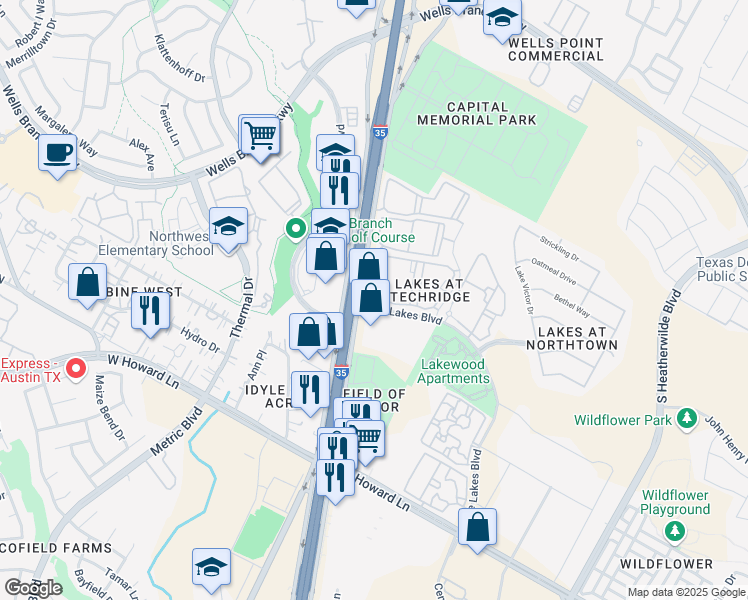map of restaurants, bars, coffee shops, grocery stores, and more near 14101 Interstate 35 in Austin