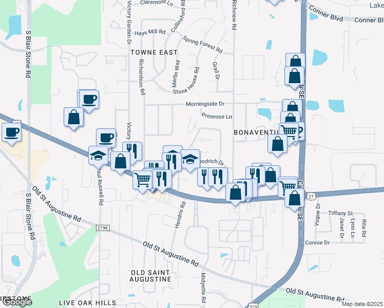 map of restaurants, bars, coffee shops, grocery stores, and more near 1225 Cross Creek Circle in Tallahassee