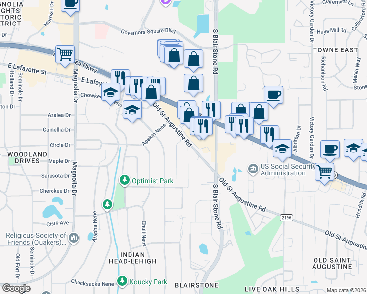 map of restaurants, bars, coffee shops, grocery stores, and more near Myrtle Drive in Tallahassee