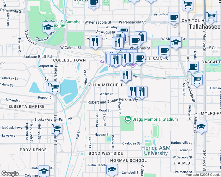 map of restaurants, bars, coffee shops, grocery stores, and more near 1304 Pinellas Street in Tallahassee