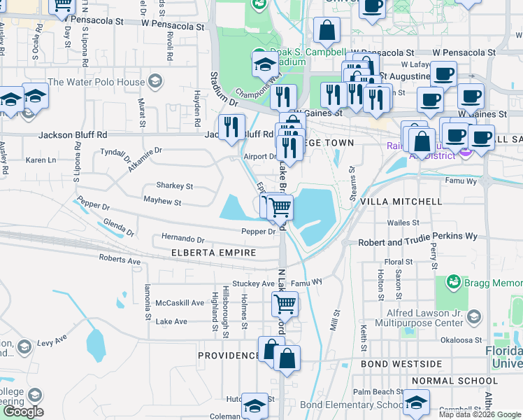 map of restaurants, bars, coffee shops, grocery stores, and more near 1338 Lake Bradford Road in Tallahassee