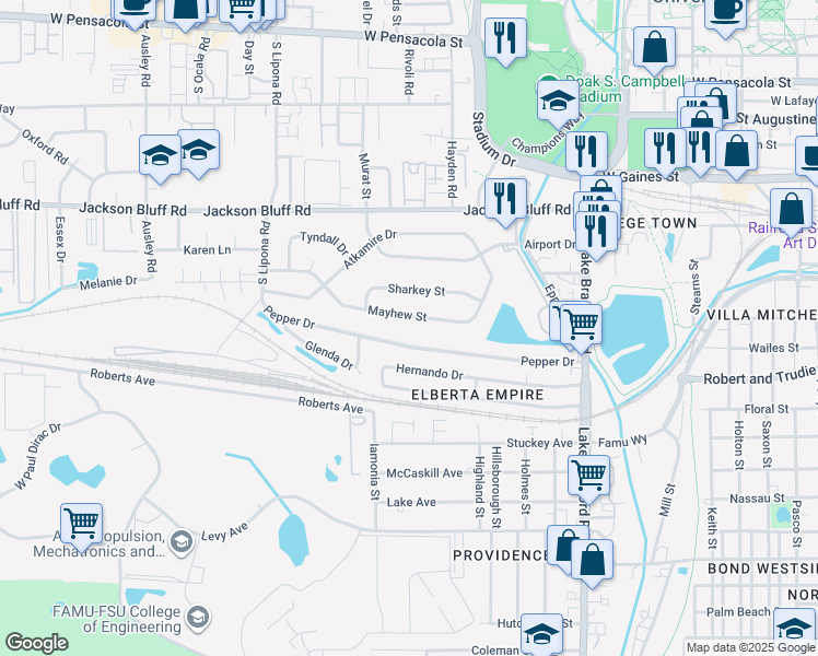 map of restaurants, bars, coffee shops, grocery stores, and more near 1637 Mayhew Street in Tallahassee