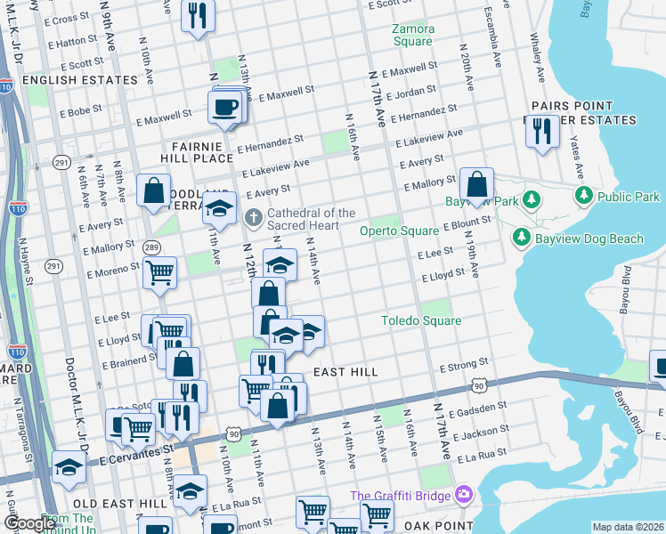 map of restaurants, bars, coffee shops, grocery stores, and more near 1500 East Lee Street in Pensacola