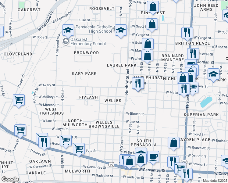 map of restaurants, bars, coffee shops, grocery stores, and more near 1706 North X Street in Pensacola