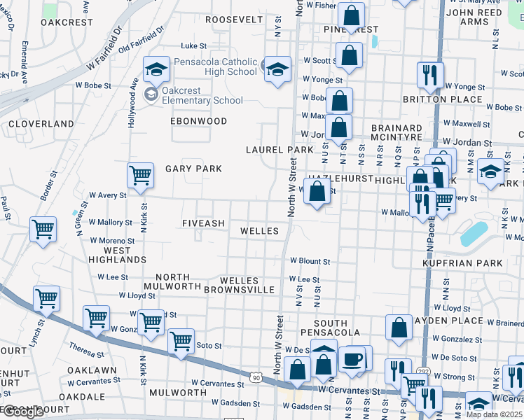 map of restaurants, bars, coffee shops, grocery stores, and more near 1706 North X Street in Pensacola