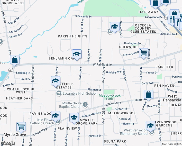 map of restaurants, bars, coffee shops, grocery stores, and more near 5821 West Fairfield Drive in Pensacola