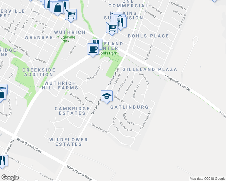 map of restaurants, bars, coffee shops, grocery stores, and more near 515 Suzzane Road in Pflugerville