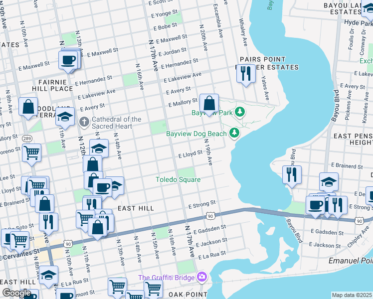map of restaurants, bars, coffee shops, grocery stores, and more near 1305 North 18th Avenue in Pensacola