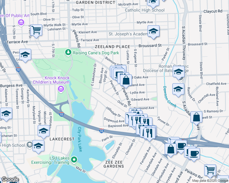 map of restaurants, bars, coffee shops, grocery stores, and more near 2040 Pericles Street in Baton Rouge