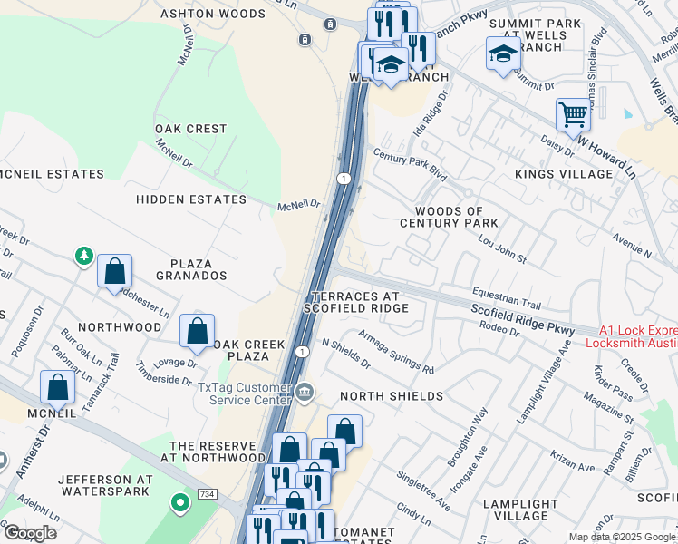 map of restaurants, bars, coffee shops, grocery stores, and more near 3100 Scofield Ridge Parkway in Austin