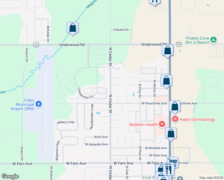 map of restaurants, bars, coffee shops, grocery stores, and more near 1820 North Cedar Street in Foley