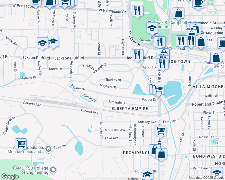 map of restaurants, bars, coffee shops, grocery stores, and more near 1637 Mayhew Street in Tallahassee