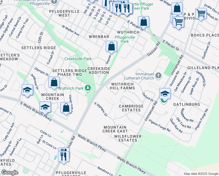map of restaurants, bars, coffee shops, grocery stores, and more near 55 Dessau Road in Pflugerville