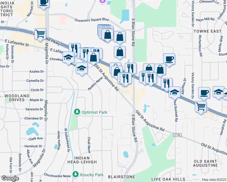 map of restaurants, bars, coffee shops, grocery stores, and more near Myrtle Drive in Tallahassee