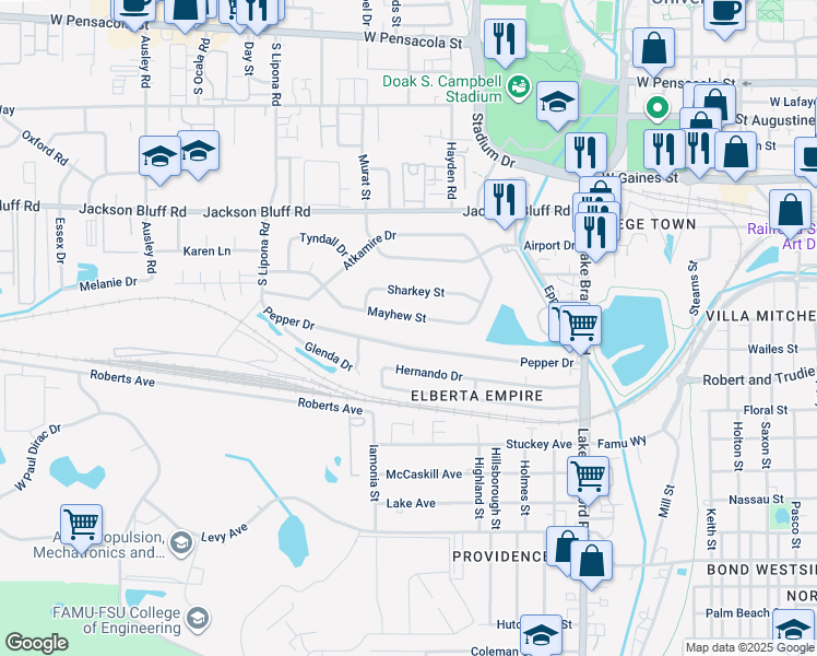 map of restaurants, bars, coffee shops, grocery stores, and more near 1637 Mayhew Street in Tallahassee