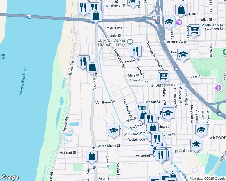 map of restaurants, bars, coffee shops, grocery stores, and more near 268 West Washington Street in Baton Rouge