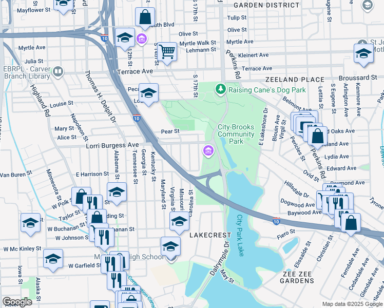 map of restaurants, bars, coffee shops, grocery stores, and more near 1855 Carolina Street in Baton Rouge