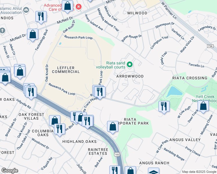 map of restaurants, bars, coffee shops, grocery stores, and more near 12320 Alameda Trace Circle in Austin