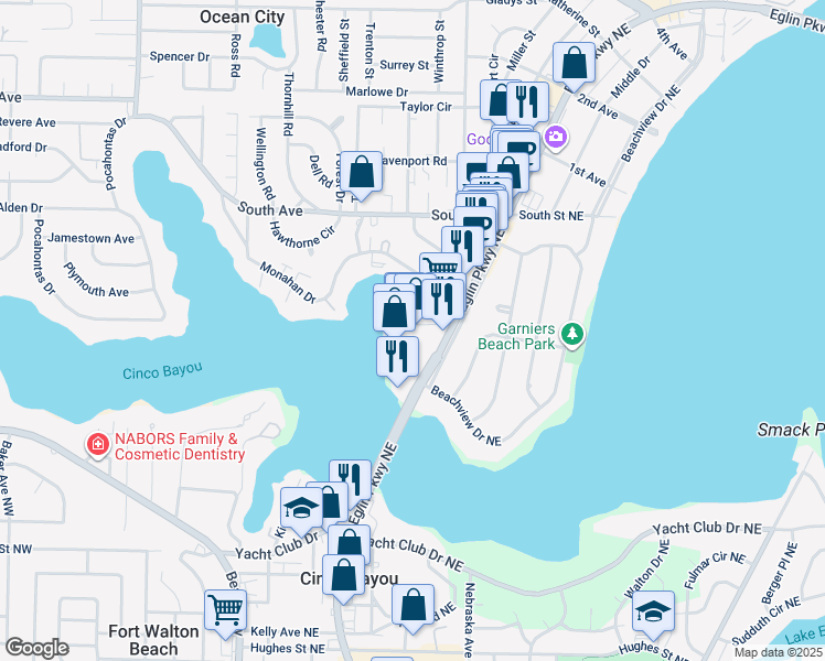 map of restaurants, bars, coffee shops, grocery stores, and more near 226 Eglin Parkway Northeast in Fort Walton Beach