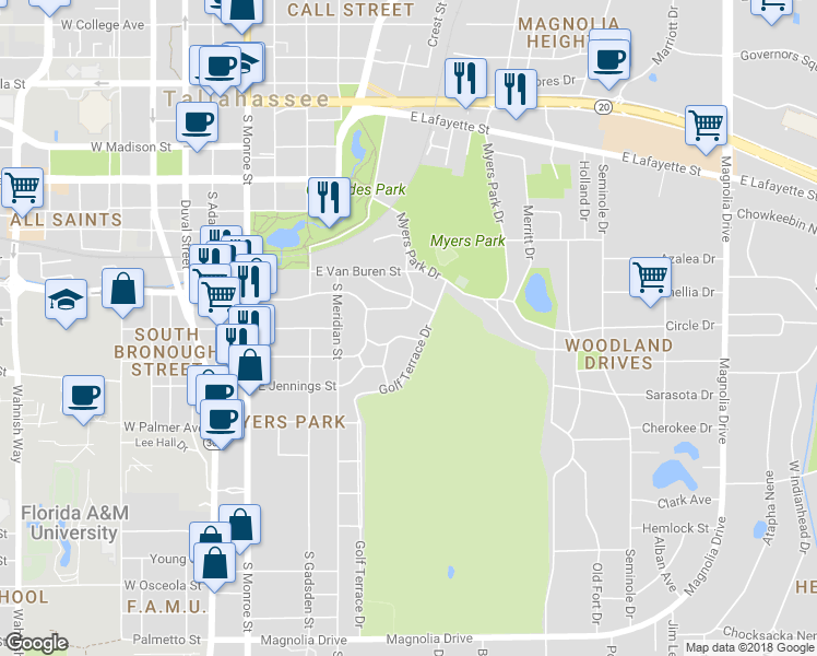 map of restaurants, bars, coffee shops, grocery stores, and more near 558 Fairway Drive in Tallahassee
